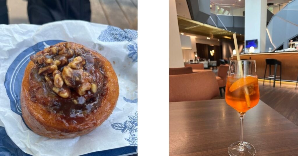 Zimtschnecke und Aperol Spritz zu "Recherchezwecken"